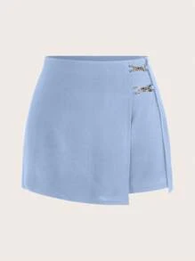SHEIN Clasi Plus Chain Detail Wrap Front Black Skort - Baby Blue - View 1