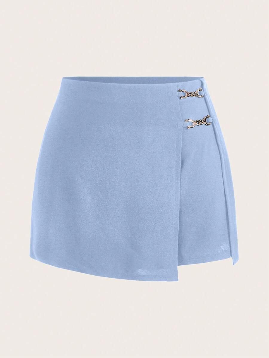 SHEIN Clasi Plus Chain Detail Wrap Front Black Skort - Baby Blue - View 1