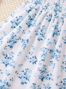 SHEIN Floral Printed Shirred Puff Sleeve Dress For Young Girls - White - View 3