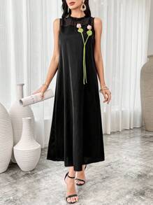 Modelyn Women's Summer 3D Floral Decor Mesh Contrast Sleeveless Elegant Mini Dress Long Evening Dresses - Black - View 7