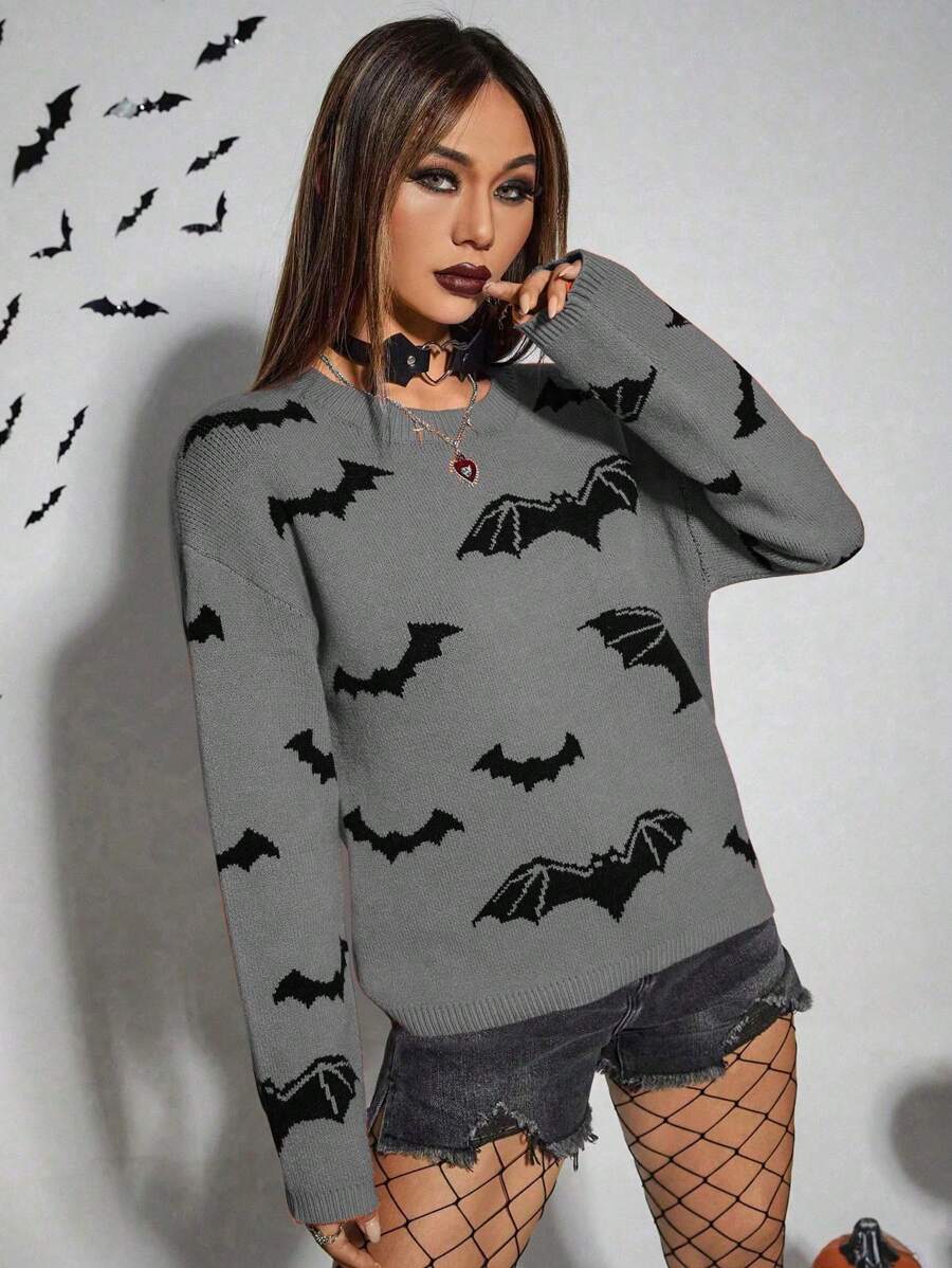 PUNK Fun Bat Print Sweater For Halloween Knit Pullover Fall Winter Outfit - Multicolor - View 1