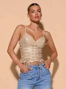 SHEIN BAE Women's Sleeveless Sexy PU Leather Top With Strappy Chest And Waist Details, Autumn/Winter - Apricot - View 7