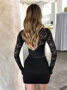 Váy ngắn bodycon ren dài tay - màu đen - Xem 2
