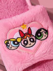 THE POWERPUFF GIRLS X SHEIN 女士可爱花朵、泡泡、毛茛刺绣露趾毛绒家居拖鞋，适合新年、春季、春假、复活节、情人节、冬季等场合，Y2K - 淺粉色 - 查看 3
