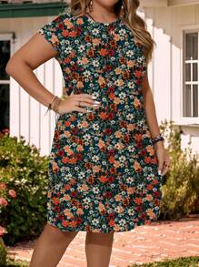 EMERY ROSE 休闲简约全身花卉印花加大码宽松圆领短袖迷你连衣裙，适合夏季