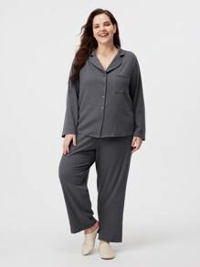 LUVLETTE Autumn And Winter Plus Women Ribbed Comfort Cotton Basic Classic Long Pajama Loungewear Set Sleepwear Lounge Set Fall Pajamas - Dark Grey - View 8