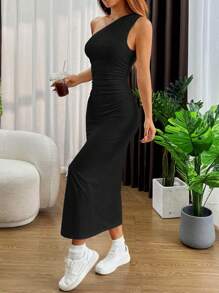 SHEIN EZwear 女式夏季性感纯色不对称领口侧开衩连衣裙 - 黑色 - 查看 6