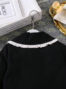 SHEIN 2 件装年轻女孩优雅黑白领上衣，带蝴蝶结设计，搭配黑色短裙套装，适合派对/冬季 - 棕色 - 查看 6