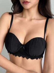 DAZY Pleated Lace Patchwork Underwired Padded Bra , Black - Black - View 1