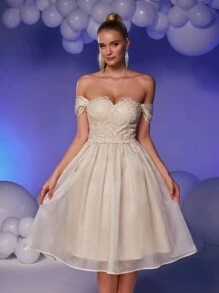 SHEIN Belle Women's White Off-Shoulder Sequin Lace Patchwork Shiny Mesh Ruffle Decor High-Waist A-Line Princess Bridal Gown,Elegant Prom Semi Formal Party Dress - Apricot - View 1