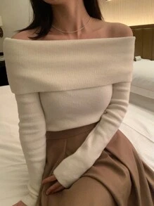DAZY Women's Casual Plain Off-Shoulder Sweater, Spring & Autumn,Long Sleeve Tops,Fall Women Clothes - Beige - View 9