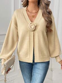 SHEIN LUNE 女士纯色简约日常开衫 - 杏色 - 查看 4