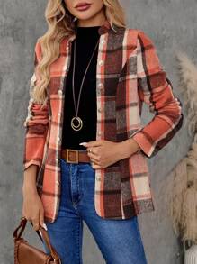 EMERY ROSE Women's Plaid Printed Simple Everyday Regular Long Sleeve Jacket - Multicolor - View 1