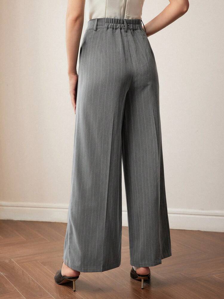 STRIPED PRINT ZIPPER FLY WIDE LEG PANTS
