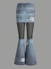 ROMWE PUNK Ripped Contrast Mesh Flare Leg Pants, School