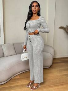 VaVaBold 2 Cái/bộ Bộ Quần Cổ Vuông Phối Nút Phía Trước Áo Và Quần, Mùa Xuân, Mùa Thu - Xám - Xem 5