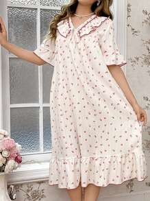 CottageSlumber Peach Printed Ruffled V-Neck Short Sleeve Loose Jacquard Ladies' Nightgown Dress - Apricot - View 4
