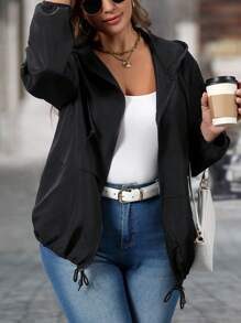 EMERY ROSE Plus Size Dames Lente Herfst Effen Kleur Lange Mouw Trekkoord Capuchon Casual Zwart Jasje