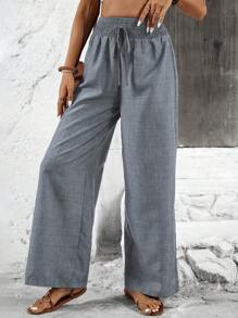 Breezaya Pantalones de diario con cordón minimalista de unicolor para mujeres - Gris - Ver 4