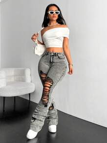 SHEIN ICON 女士简约日常破洞牛仔裤，女士休闲，性感口袋，破洞，拉链自然紧身长款蓝色棉质紧身女式牛仔裤，春/秋，休闲日常穿着 - 藍色 - 查看 2