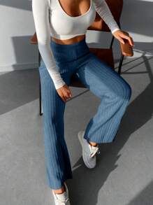 RueChic Solid Ribbed Knit Wide Leg Pants - Blue - View 4
