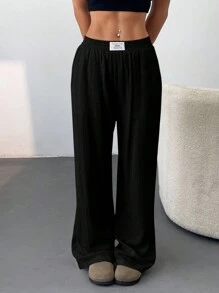 SHEIN EZwear Women's Woven Casual Wide Leg Letter Printed Elastic Waist Palazzo Pants,Ladies Spring/Fall Casual Patched,Pocket Natural Straight Leg Long Black Viscose Loose Women Pants,Casual Daily Wear - Black - View 6