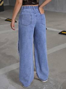 SHEIN Rave 90s Street Slant Pocket Ripped Cut Out Straight Leg Jeans For Teen Girls,Girls Fall Back To School - Light Wash - View 2