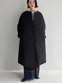 FRIFUL Women's Button-Up Long Sleeve Diamond Textured Loose Fashionable Casual Padded Coat Winter - Black - View 7