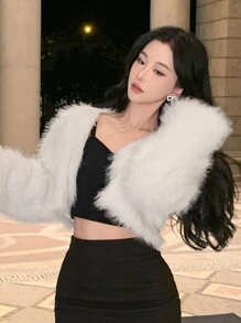 DAZY Chaqueta corta elegante y cálida de lana polar para mujer, para invierno y vacaciones de Navidad