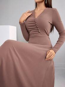 Modelyn 纯色长袖阿拉伯休闲朴素连衣裙，春秋长款晚礼服 - 藕粉色 - 查看 1