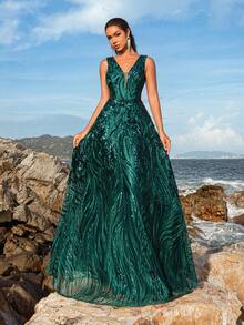 Faeriesty Elegant Women's Sleeveless Deep V-Neckline Maxi Party Gown |Sparkly Sequined Positioning Pattern , Perfect For Spring Weddings, Garden Parties, Outdoor Woodland Celebrations, Romantic Dinners, Formal Portrait Photoshoot, Lakeside Gatherings & Ethereal Evening Galas, Homecoming & Graduation Dress , Birthday Women Outfits,Spring Dresses Summer Outfits - Dark Green - View 7