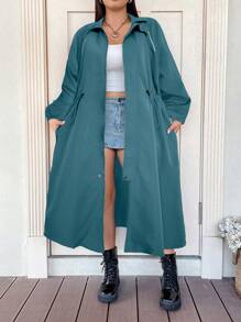 Flirla Plus Size Nữ Màu Trơn Raglan Tay Dài Tay Dây Rút Eo Dáng Rộng Áo Khoác Dài, Mùa Xuân & Mùa Thu - Màu xanh bụi bặm - Xem 7