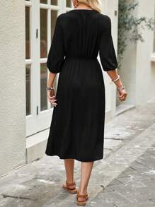 EMERY ROSE Women's Summer Medium-Sleeve Notched V-Neck Drawstring Waist Dress In Dark Blue. - Black - View 2