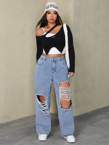 SHEIN ICON Damen Große Größen Boyfriend Jeans in lockerer Passform mit Rissen und Taschen - Helle Waschung - Übersicht 5