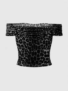 ROMWE Grunge Punk 大码性感豹纹露肩修身 T 恤，休闲 T 恤 - 灰色 - 查看 2