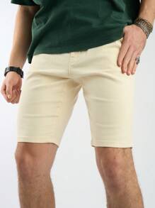Manfinity Homme Quần short denim dáng ôm màu trơn thường ngày cỡ lớn cho nam, quần đùi, mùa hè - Màu be - Xem 3