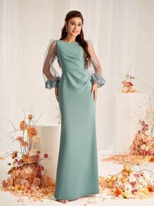 SHEIN Belle 优雅浪漫的薄荷绿色网眼透明袖子贴花腰部褶皱及地长度伴娘礼服，长袖礼服 - 薄荷綠 - 查看 1