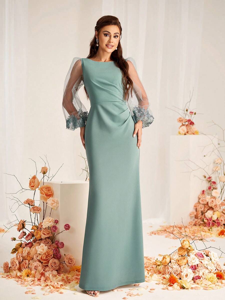 SHEIN Belle 优雅浪漫的薄荷绿色网眼透明袖子贴花腰部褶皱及地长度伴娘礼服，长袖礼服 - 薄荷綠 - 查看 1