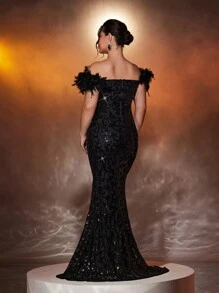 Glamrae 加大码奢华亮片和羽毛装饰美人鱼晚礼服舞会礼服（真火鸡羽毛袖口），黑色优雅正式舞会礼服，适合婚礼宾客、毕业典礼、晚宴派对礼服 - 黑色 - 查看 3