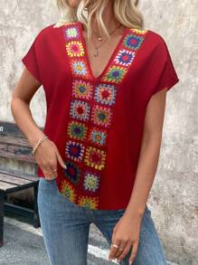 EMERY ROSE 女式 V 领短袖蝙蝠翼刺绣休闲衬衫新年衣服 - 紅色 - 查看 5