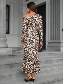 Aveloria Modichic Vintage Animal Leopard Print Asymmetrical Shoulder Form-Fitting Fishtail Dress With Long Sleeves