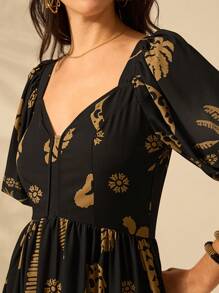 CAJUNI Women's Vacation Boho Casual Beach Tropical  Coconut Tree And Leopard  Prints Half-Sleeved Bishop Sleeve Summer Dress