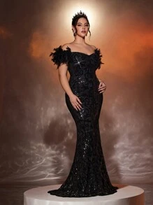 Glamrae 加大码奢华亮片和羽毛装饰美人鱼晚礼服舞会礼服（真火鸡羽毛袖口），黑色优雅正式舞会礼服，适合婚礼宾客、毕业典礼、晚宴派对礼服 - 黑色 - 查看 7
