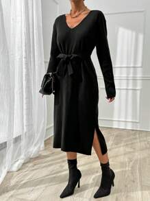 EURMUSE Váy len dài vừa phải cổ chữ V bằng cotton có thắt lưng dành cho nữ - màu đen - Xem 5