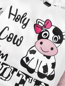 2 piezas Conjunto de pijama con pantalón corto y manga corta con estampado de vaca ajustado para niña joven