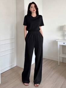 DAZY 不对称短袖T恤和阔腿裤休闲套装，2件套/套 女士家居服套装 - 黑色 - 查看 5