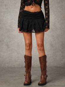 SHEIN BAE Black Lace Sweet Romantic Western Paneled Ballet Style Ruffled Mini Skirt - Black - View 4