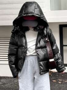 Dazy Kids Abrigo acolchado de unicolor para niñas, chaqueta de cuero para ropa de otoño de niña preadolescente - Negro - Ver 4
