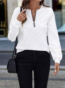EMERY ROSE White Textured Knit Fabric Front Zip Up Crew Neck Sweatshirt For Women,Long Sleeve Tops In Fall/Winter - White - View 5