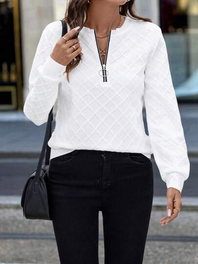 EMERY ROSE White Textured Knit Fabric Front Zip Up Crew Neck Sweatshirt For Women,Long Sleeve Tops In Fall/Winter